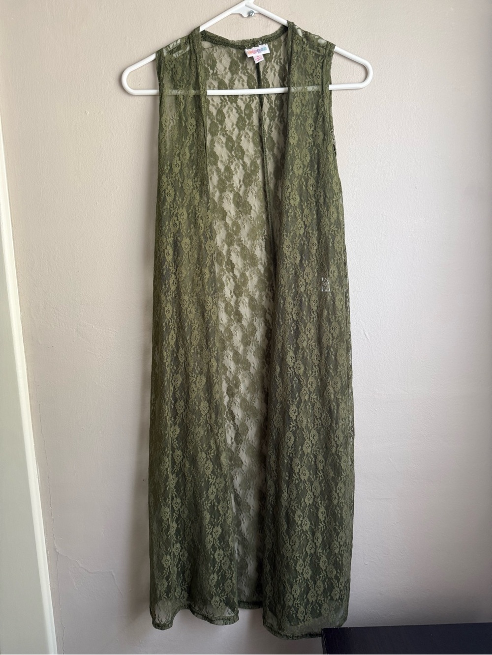 LuLaRoe Joy Lace Duster Cardigan Olive Green Sheer Sleeveless Longline Sm Rare